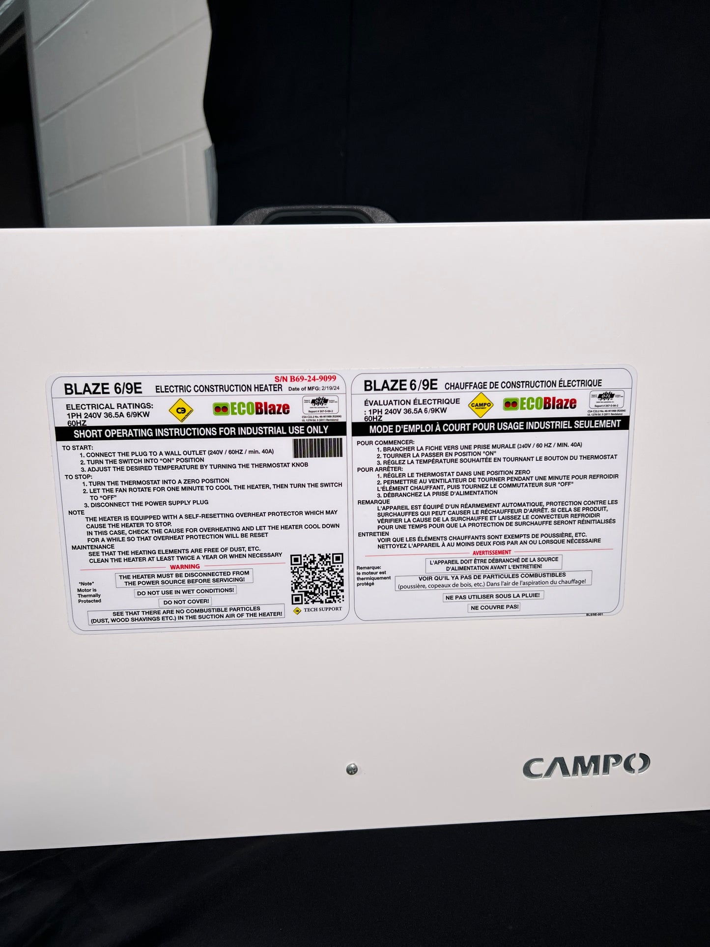 Campo Blaze 6/9 E
ELECTRIC PORTABLE SPACE HEATERS