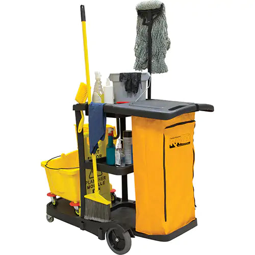 RMP Janitor Cleaning Cart, 51" x 20" x 38", Plastic, Black
