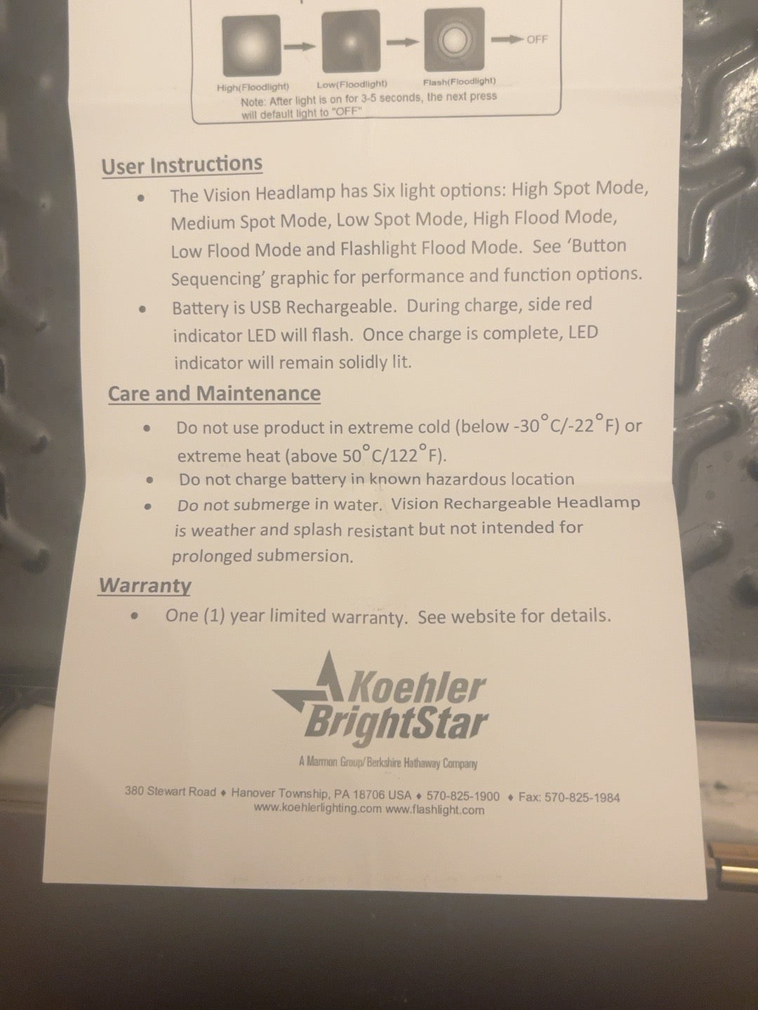 Original Koehler BrightStar 200521 manual: user instructions, USB charging, care, safety, one-year limited warranty