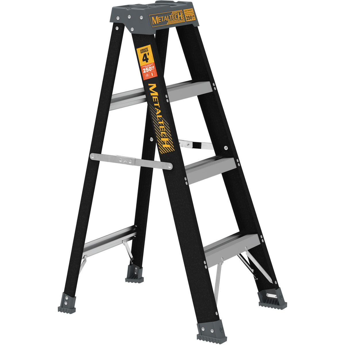 MetalTech Jobsite Series 4 ft 250 lb Type I fiberglass stepladder open
