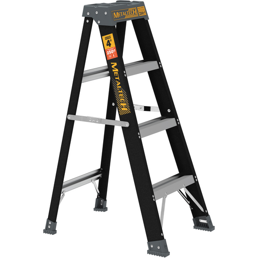 MetalTech Jobsite Series 4 ft 250 lb Type I fiberglass stepladder open