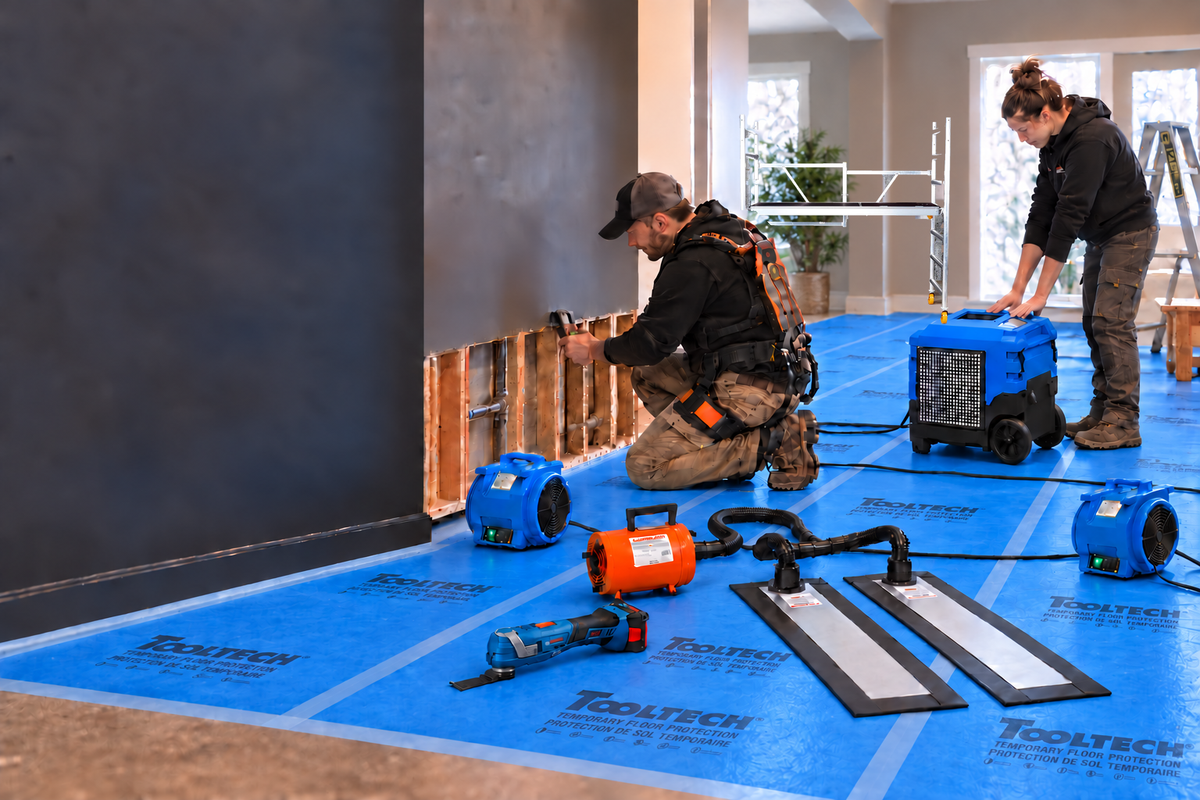 Restoration crew on taped blue Tooltech floor protection with the actual Custers Foldy 10 scaffold photographed and composited into the scene