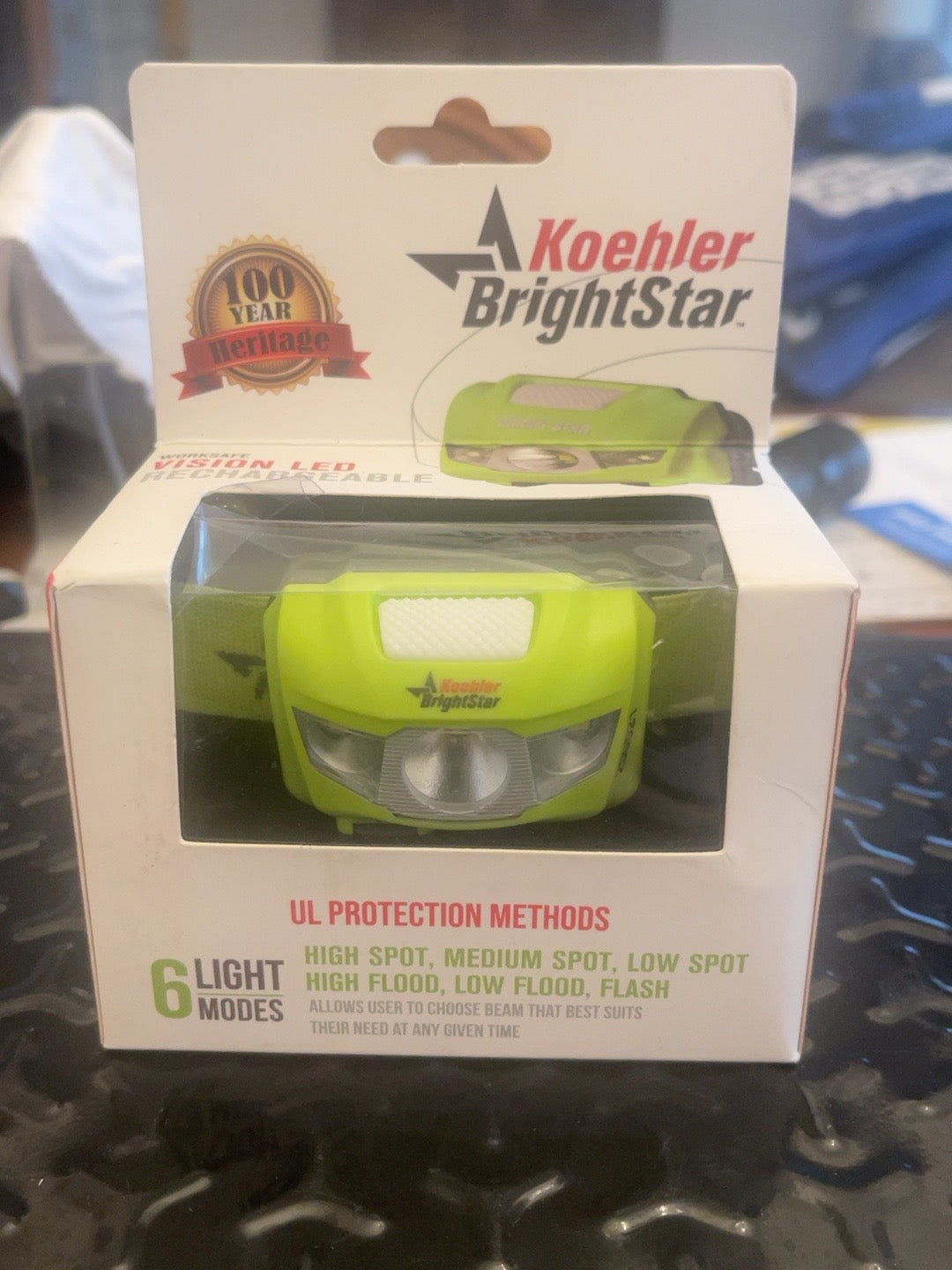 Koehler BrightStar Vision 200521 rechargeable safety headlamp - product view and original retail packaging