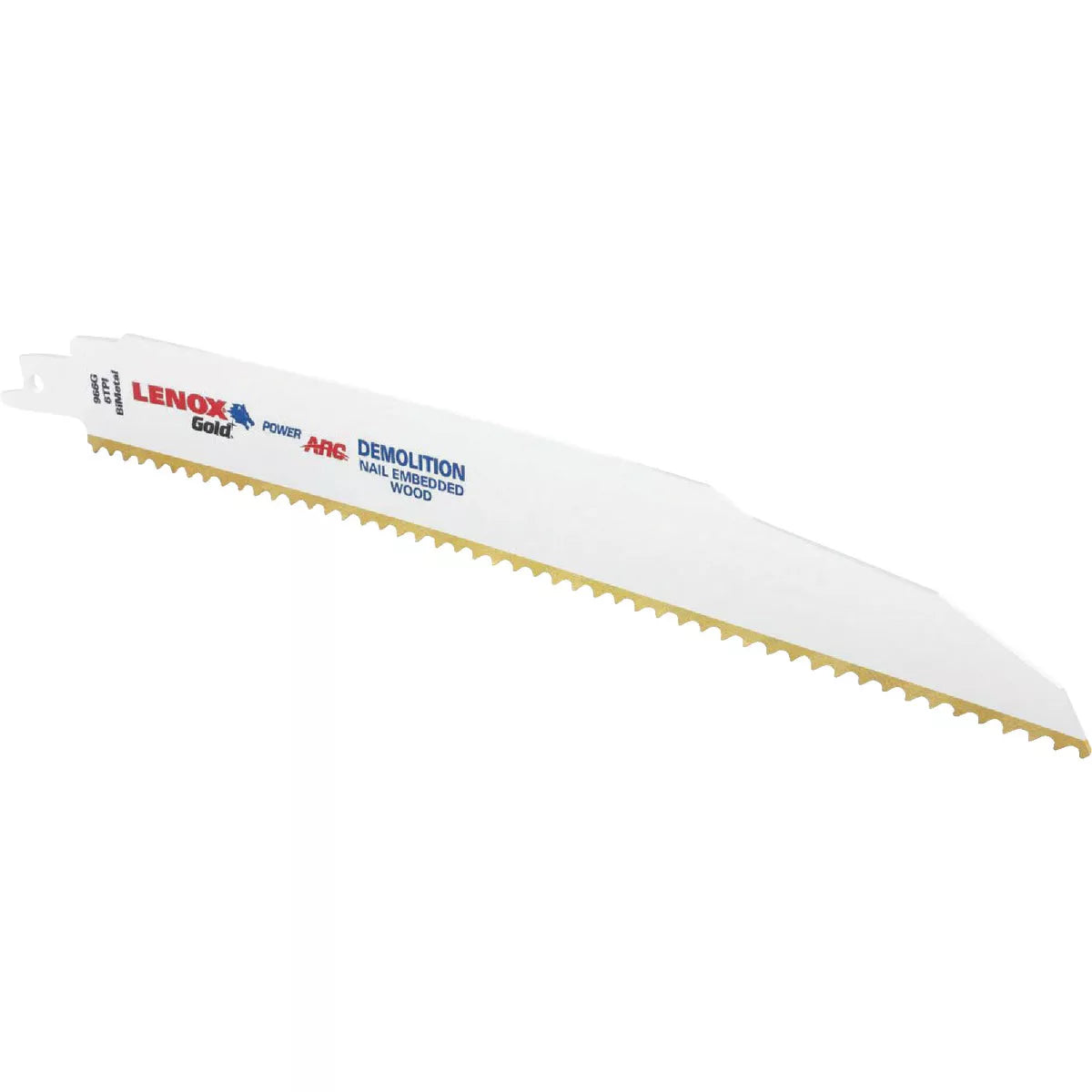 Close-up Lenox Gold Power Arc 9 inch demolition blade against white background